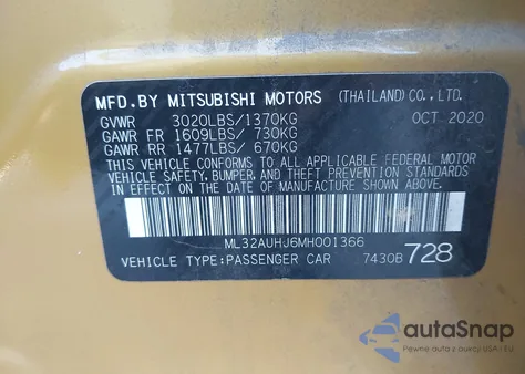 2021 Mitsubishi Mirage Carbonite Edition/Es/Le из США, поврежденный, VIN ML32AUHJ6MH001366